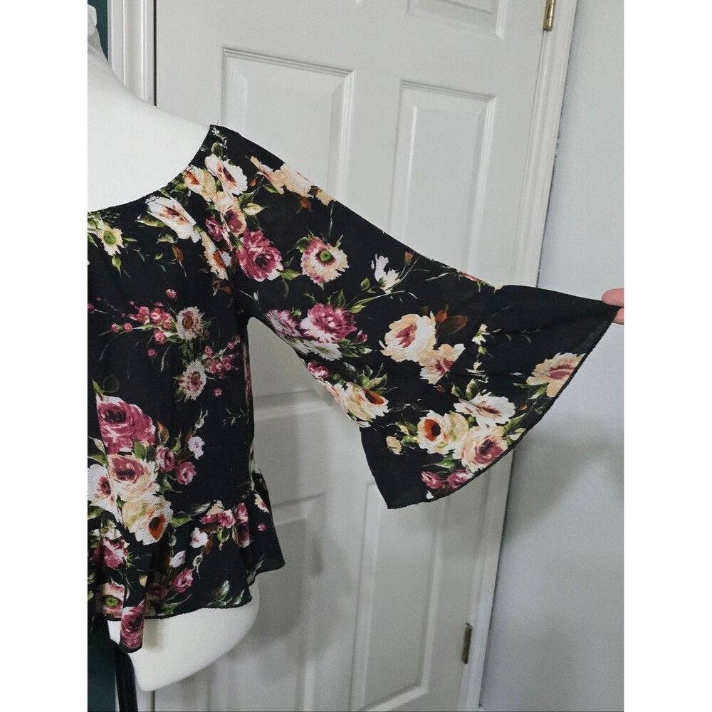 Floral Off Shoulder Peasant Blouse Top Free Kisses Black Size M Whimsigoth Boho - Picture 4 of 9